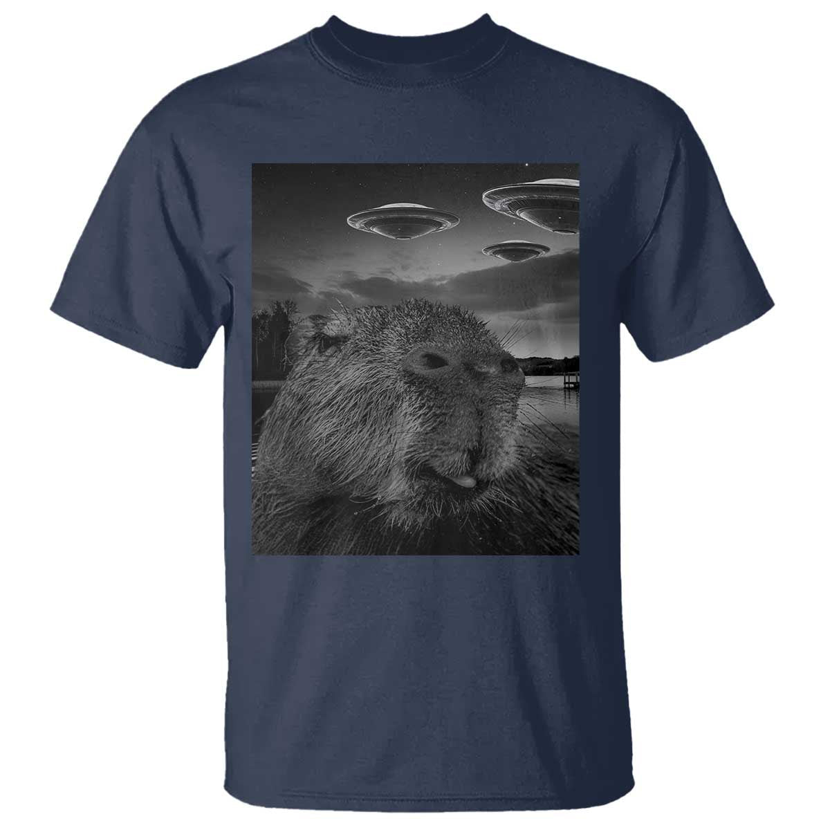 funny-graphic-capybara-selfie-with-ufos-weird-t-shirt