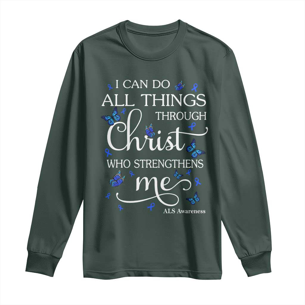 ALS Support Bible Verse Motivational Long Sleeve Shirt I Can Do All Things Through Christ Butterfly