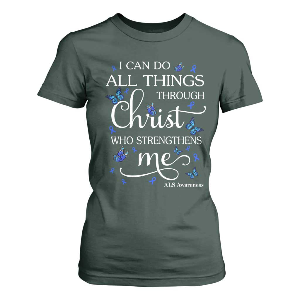 ALS Support Bible Verse Motivational T Shirt For Women I Can Do All Things Through Christ Butterfly