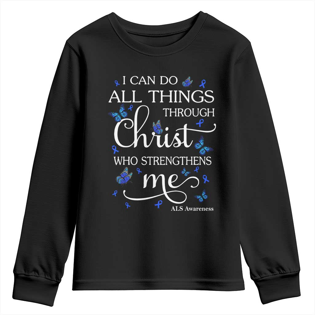 ALS Support Bible Verse Motivational Youth Sweatshirt I Can Do All Things Through Christ Butterfly