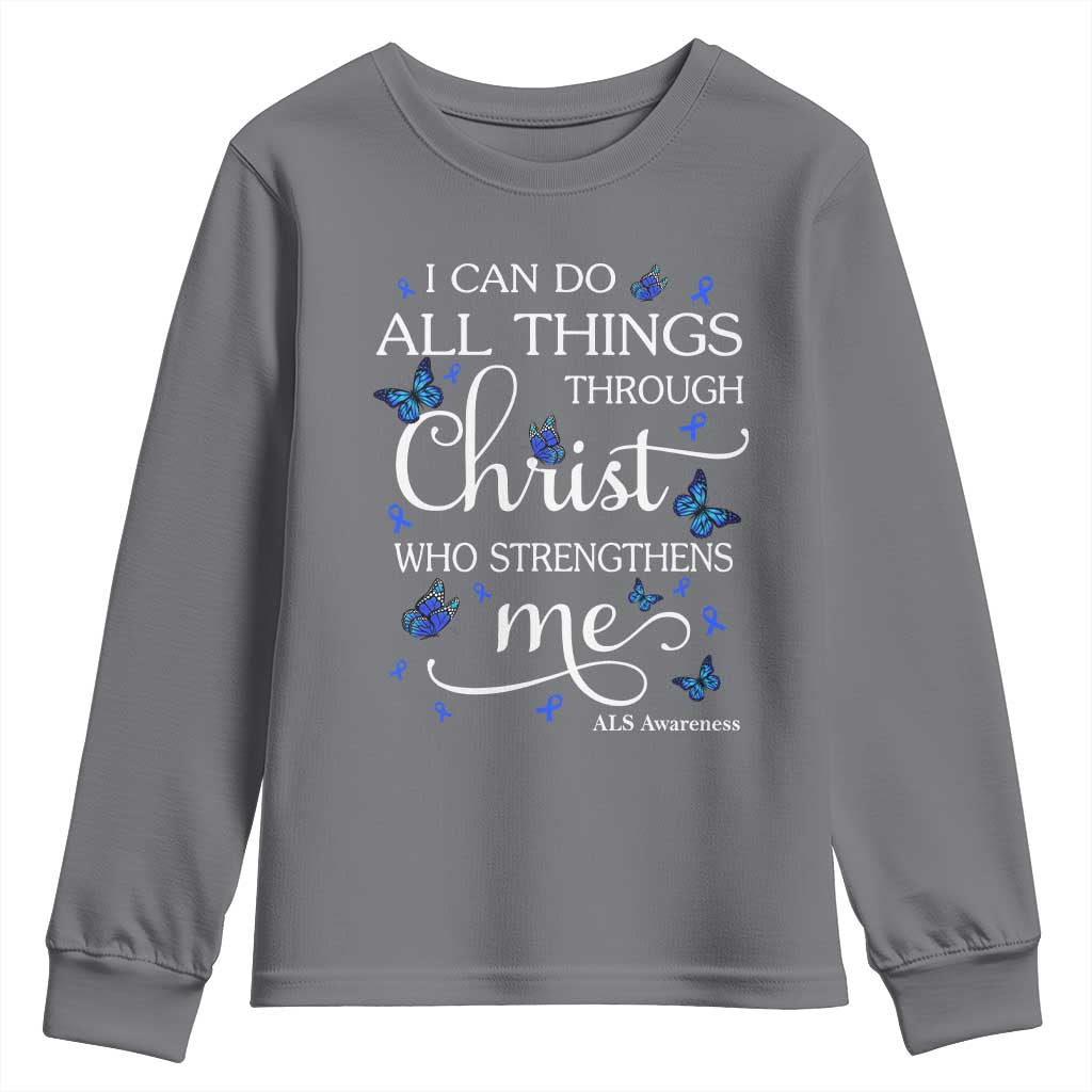 ALS Support Bible Verse Motivational Youth Sweatshirt I Can Do All Things Through Christ Butterfly