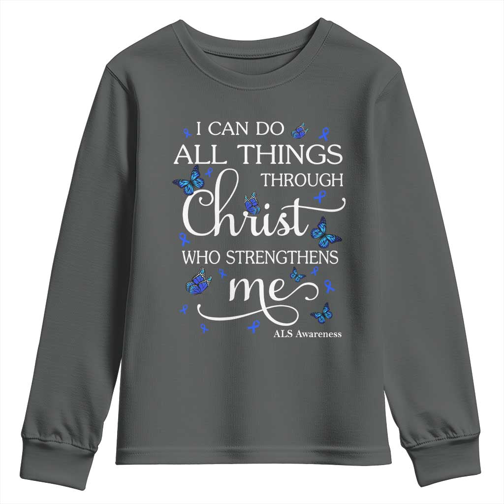 ALS Support Bible Verse Motivational Youth Sweatshirt I Can Do All Things Through Christ Butterfly