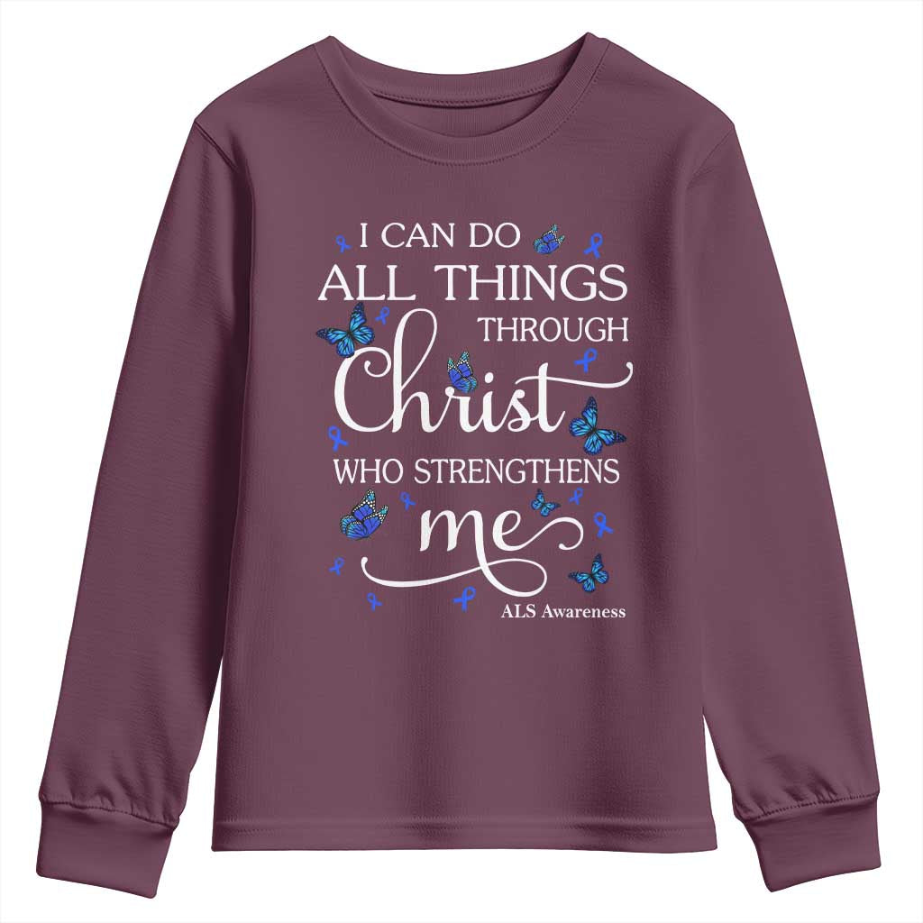 ALS Support Bible Verse Motivational Youth Sweatshirt I Can Do All Things Through Christ Butterfly