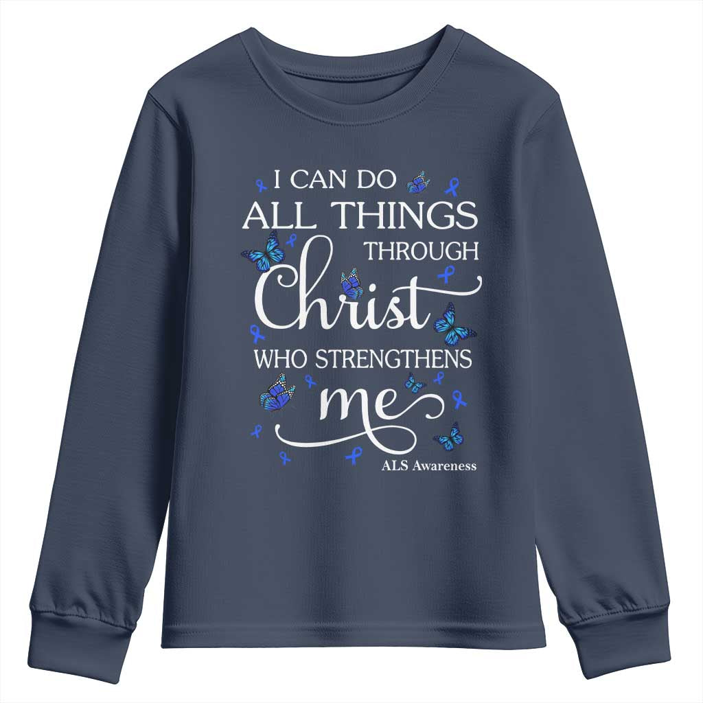 ALS Support Bible Verse Motivational Youth Sweatshirt I Can Do All Things Through Christ Butterfly