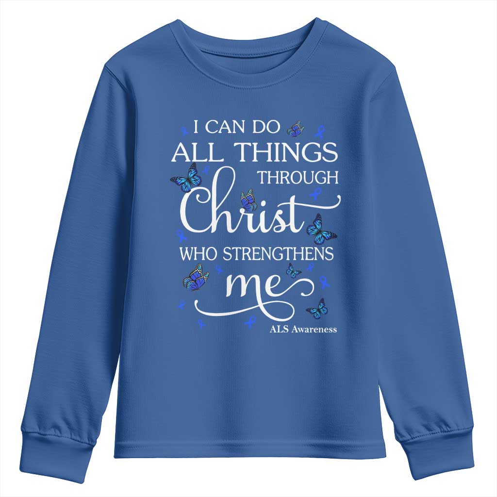 ALS Support Bible Verse Motivational Youth Sweatshirt I Can Do All Things Through Christ Butterfly