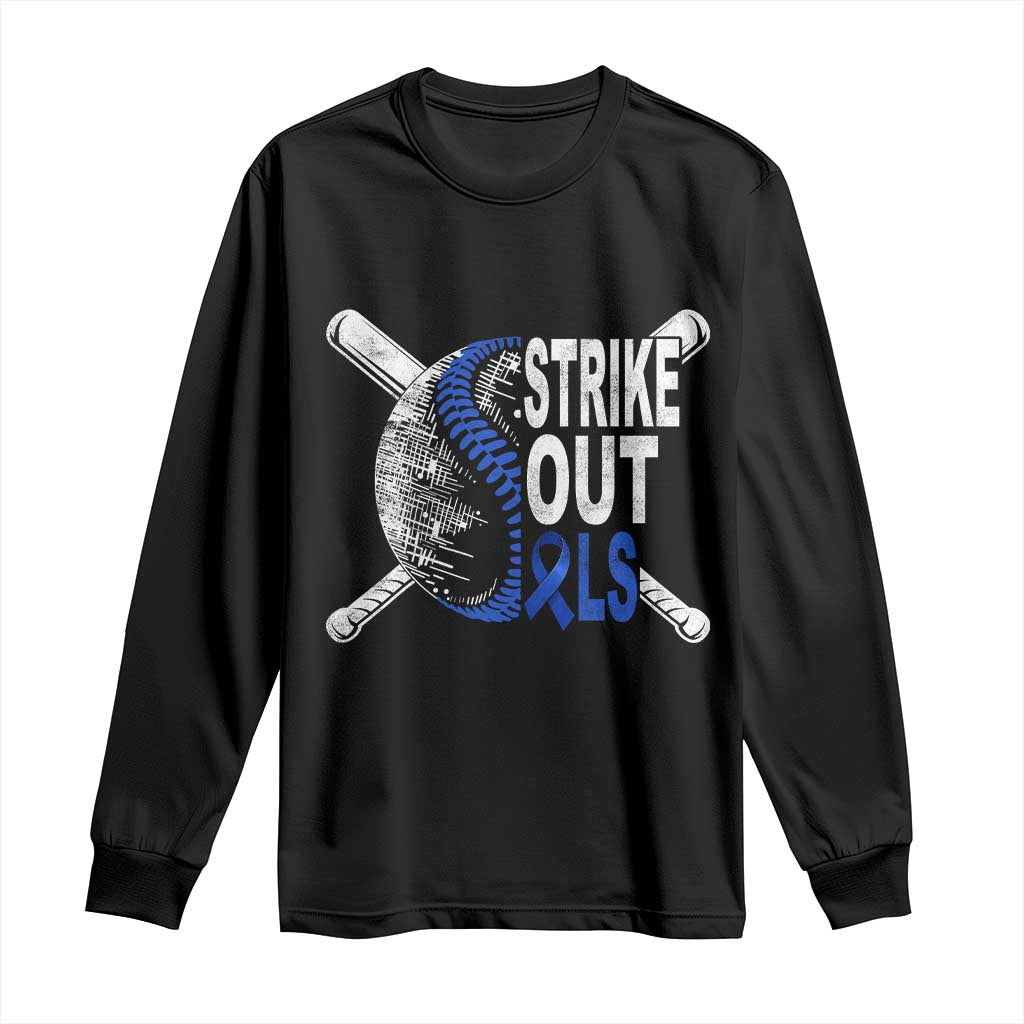 ALS Support Long Sleeve Shirt Blue Ribbon Baseball Strike Out ALS Support