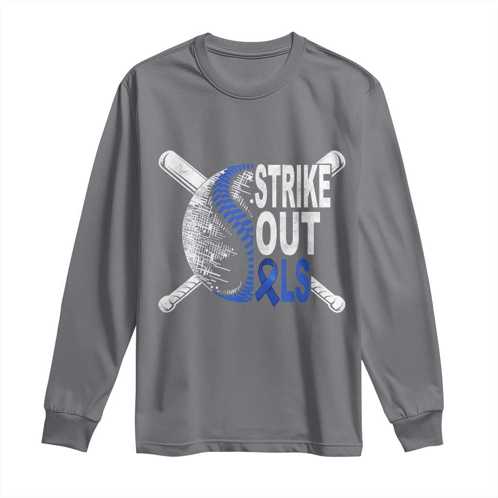 ALS Support Long Sleeve Shirt Blue Ribbon Baseball Strike Out ALS Support