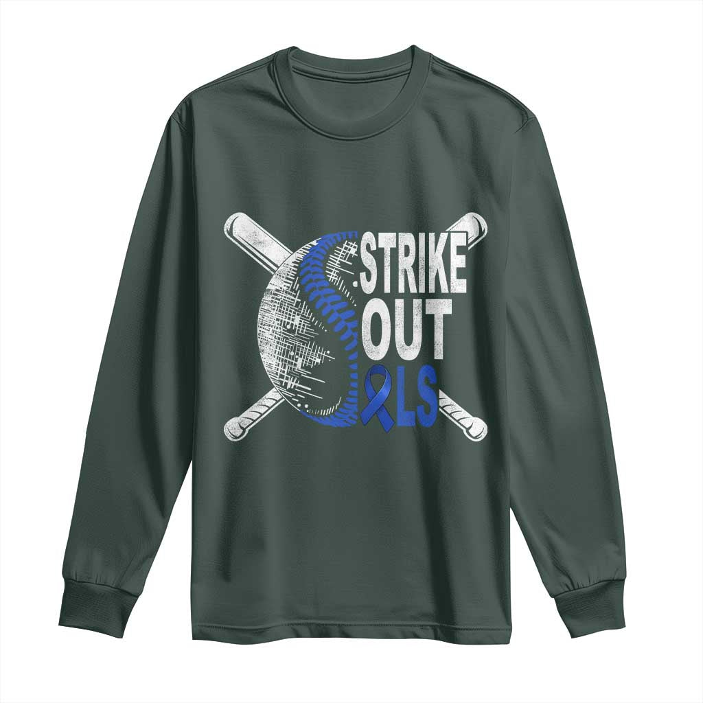 ALS Support Long Sleeve Shirt Blue Ribbon Baseball Strike Out ALS Support