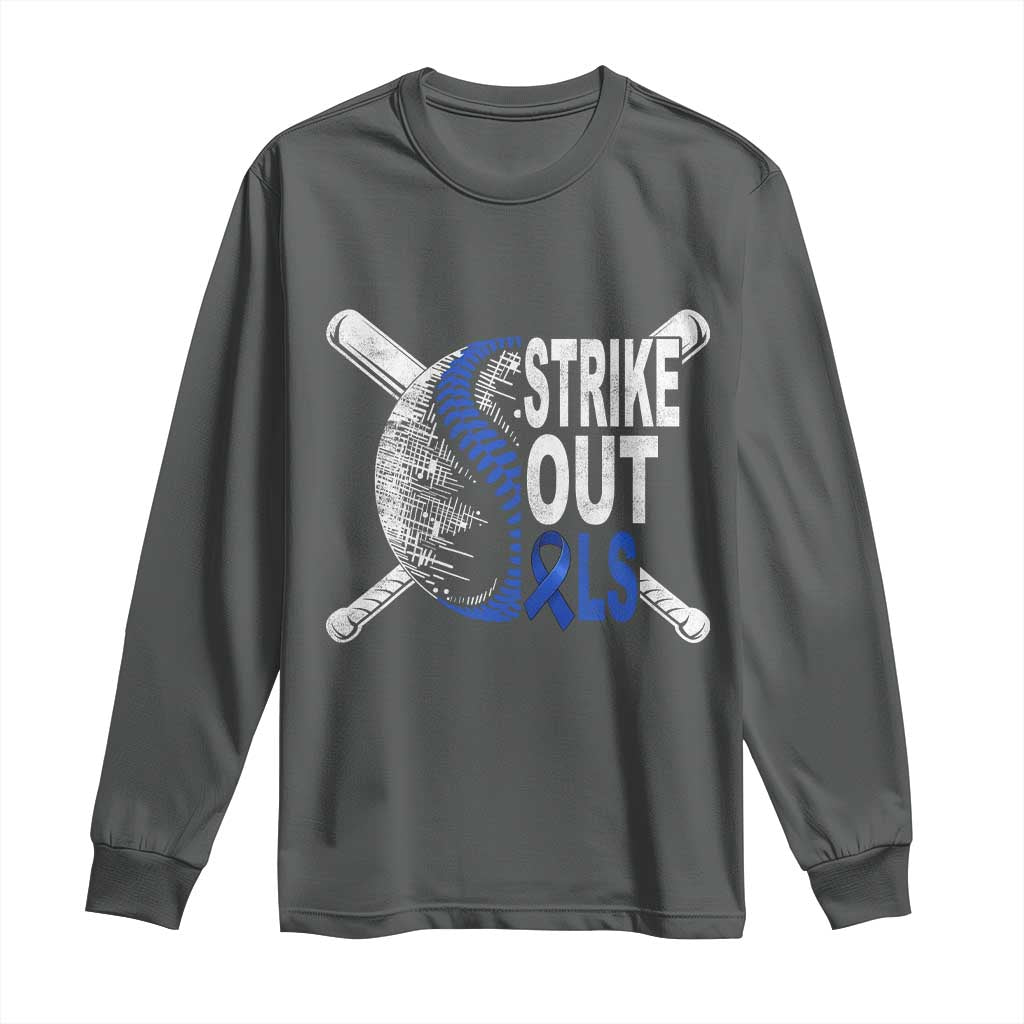 ALS Support Long Sleeve Shirt Blue Ribbon Baseball Strike Out ALS Support