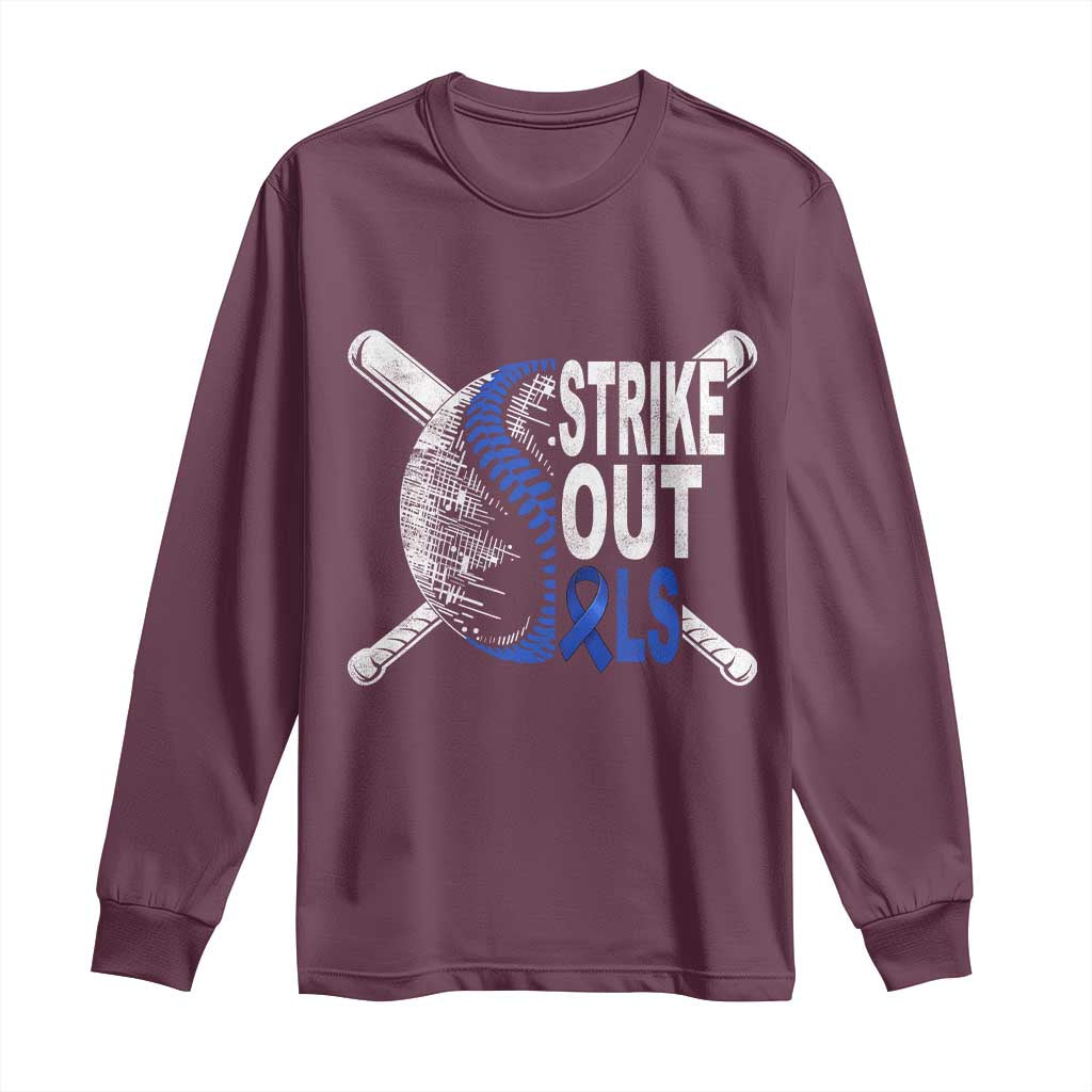 ALS Support Long Sleeve Shirt Blue Ribbon Baseball Strike Out ALS Support