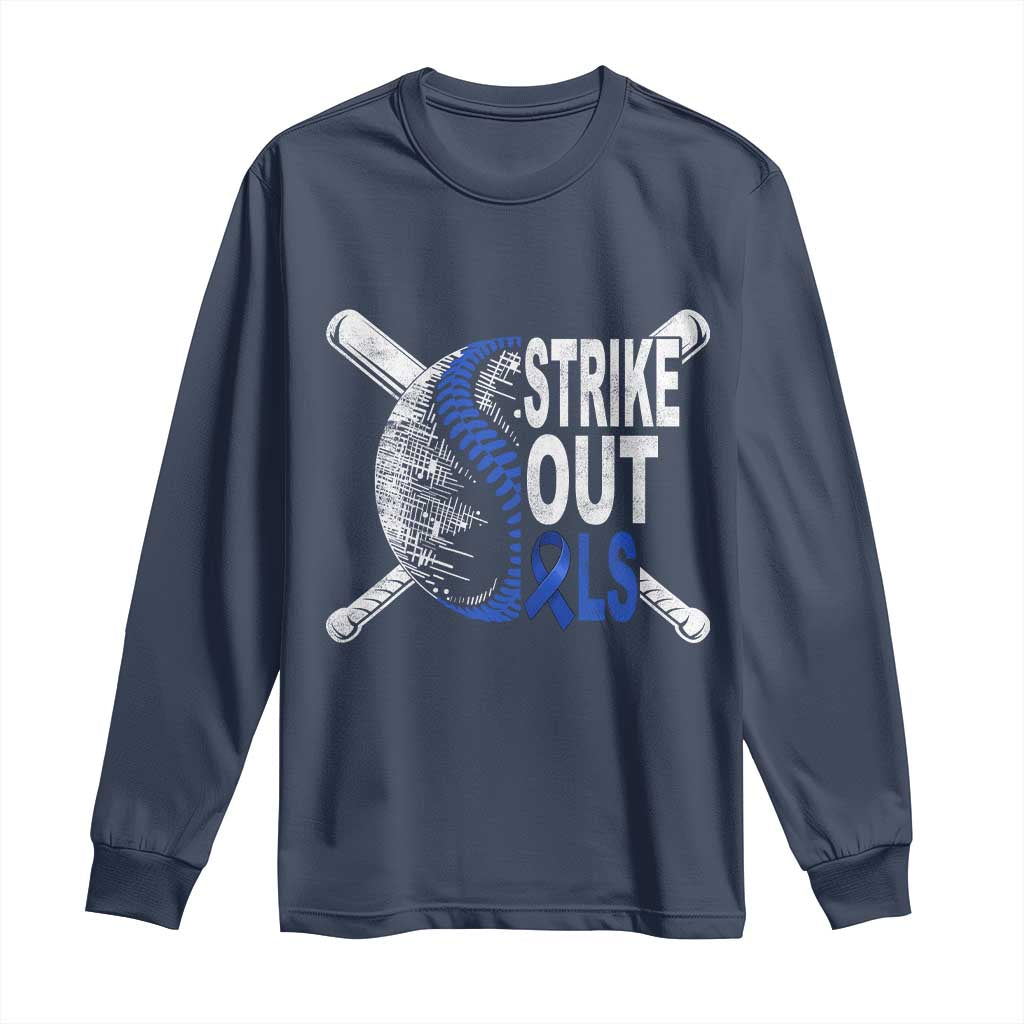 ALS Support Long Sleeve Shirt Blue Ribbon Baseball Strike Out ALS Support