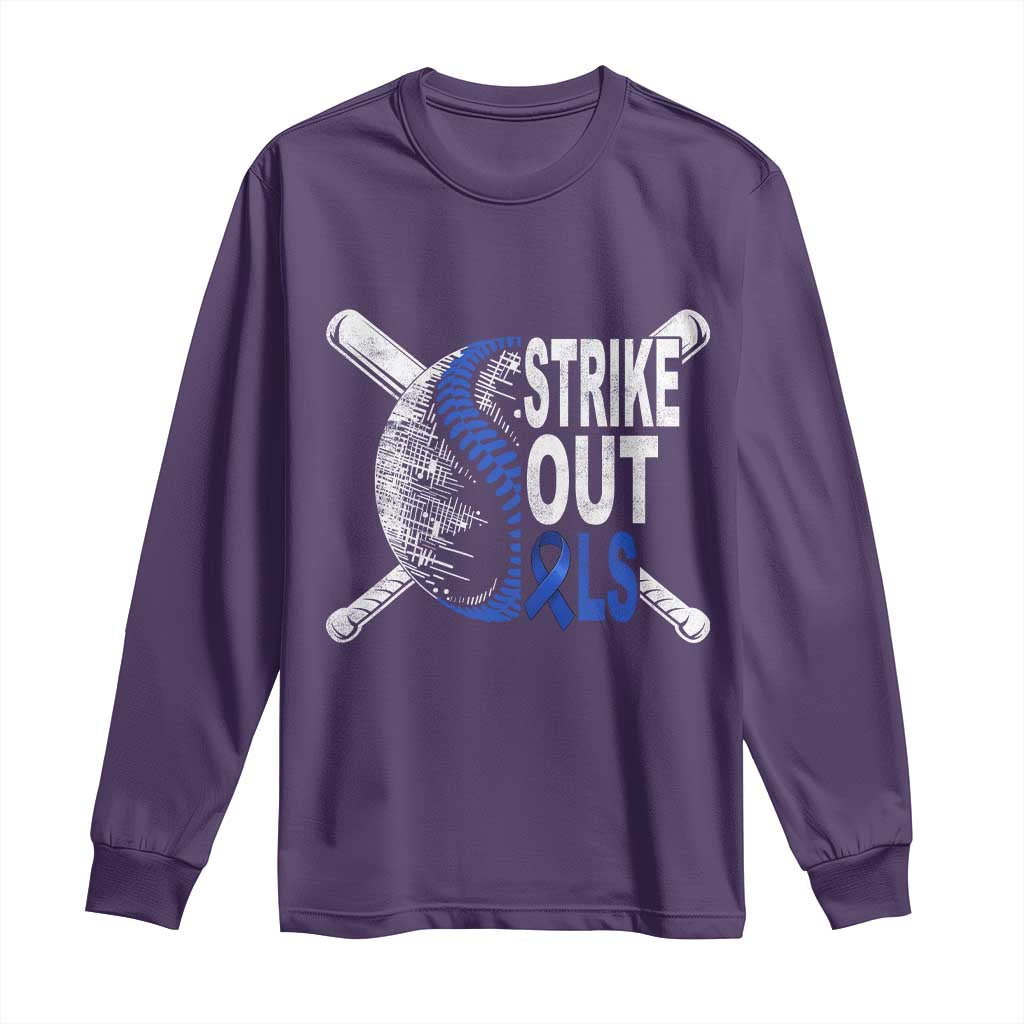 ALS Support Long Sleeve Shirt Blue Ribbon Baseball Strike Out ALS Support
