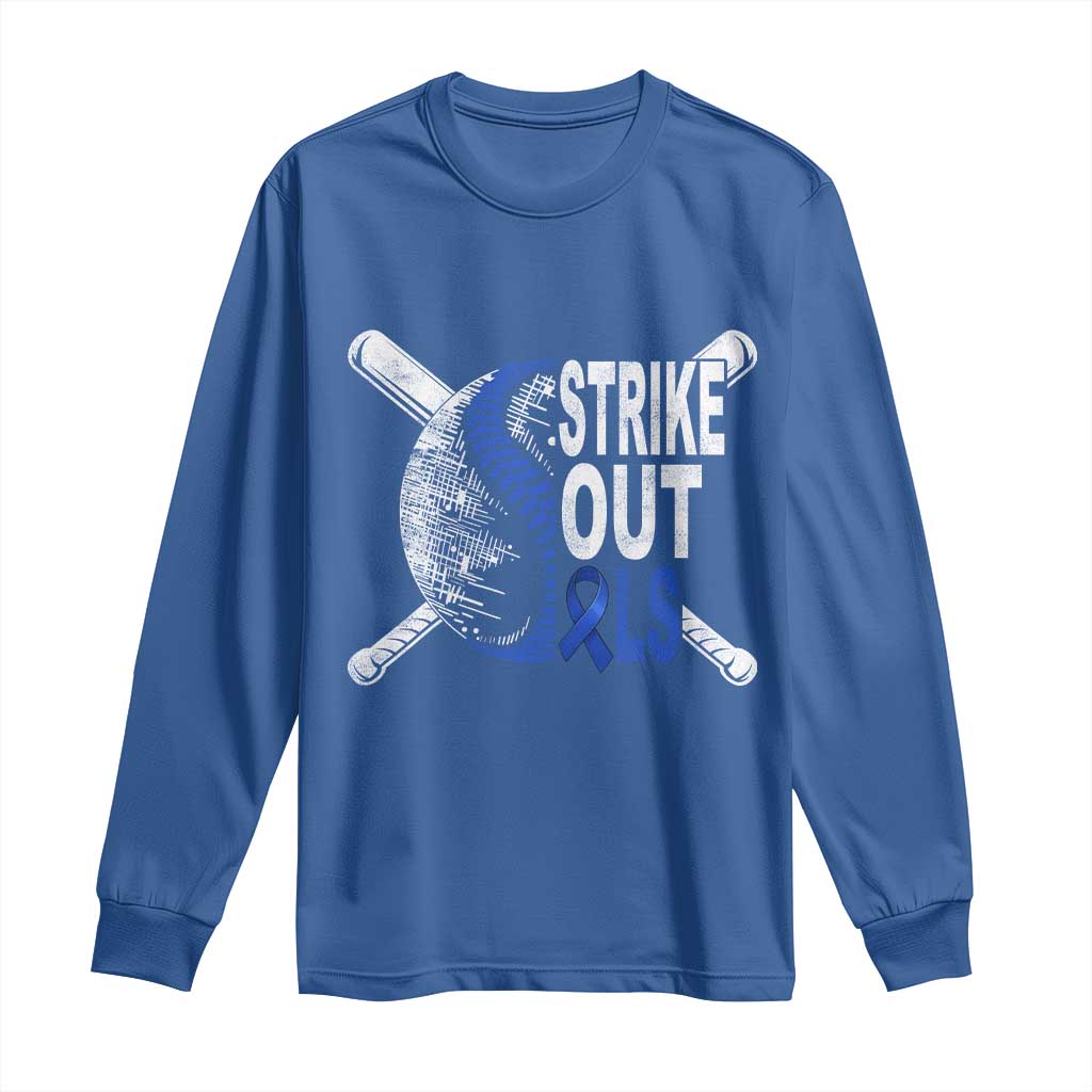 ALS Support Long Sleeve Shirt Blue Ribbon Baseball Strike Out ALS Support