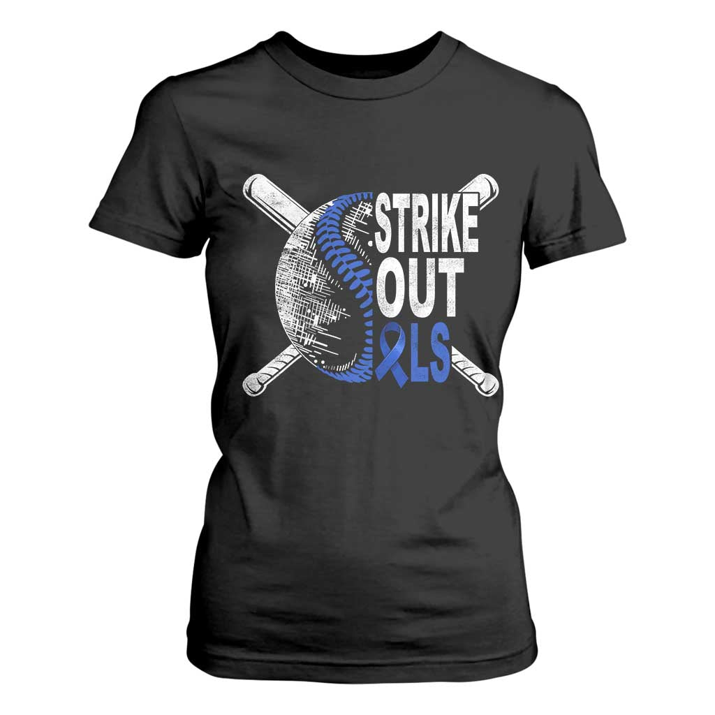 ALS Support T Shirt For Women Blue Ribbon Baseball Strike Out ALS Support