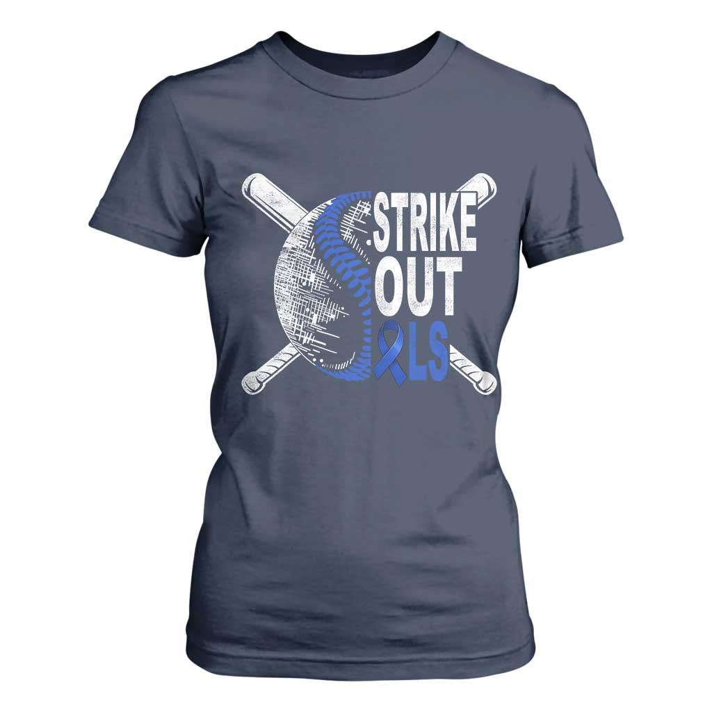 ALS Support T Shirt For Women Blue Ribbon Baseball Strike Out ALS Support