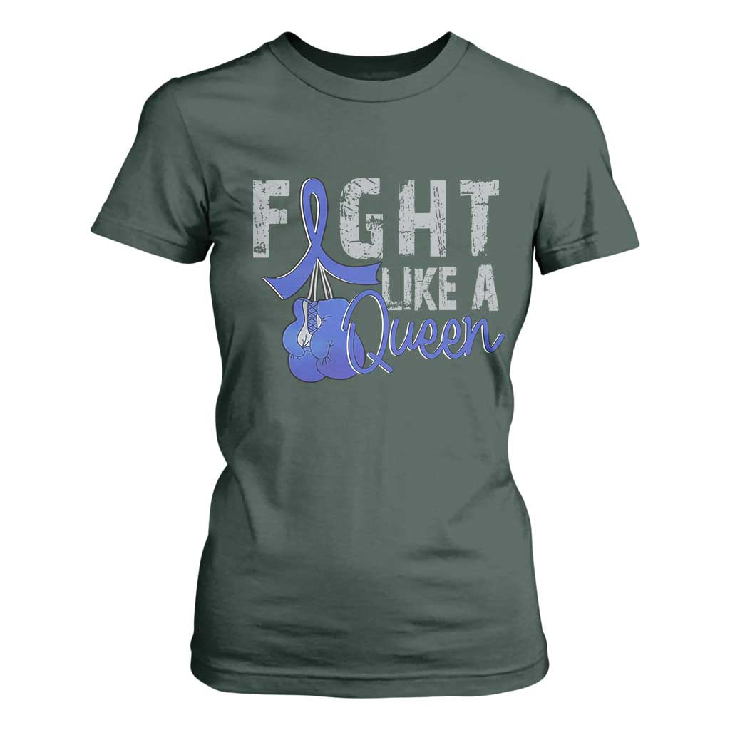 Fight Like A Queen T Shirt For Women Blue Ribbon Colon Cancer Support