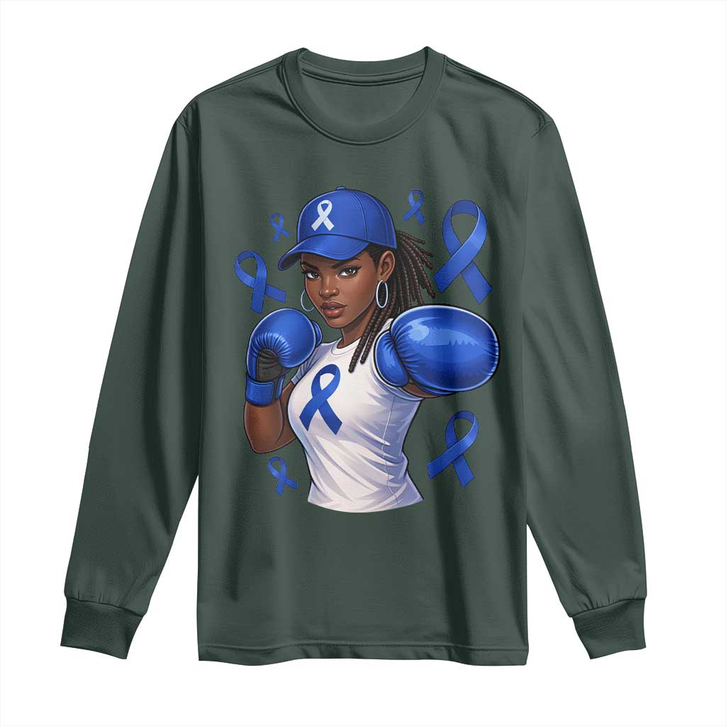 Black Women Fight Colon Cancer Blue Ribbon Long Sleeve Shirt African American Girls
