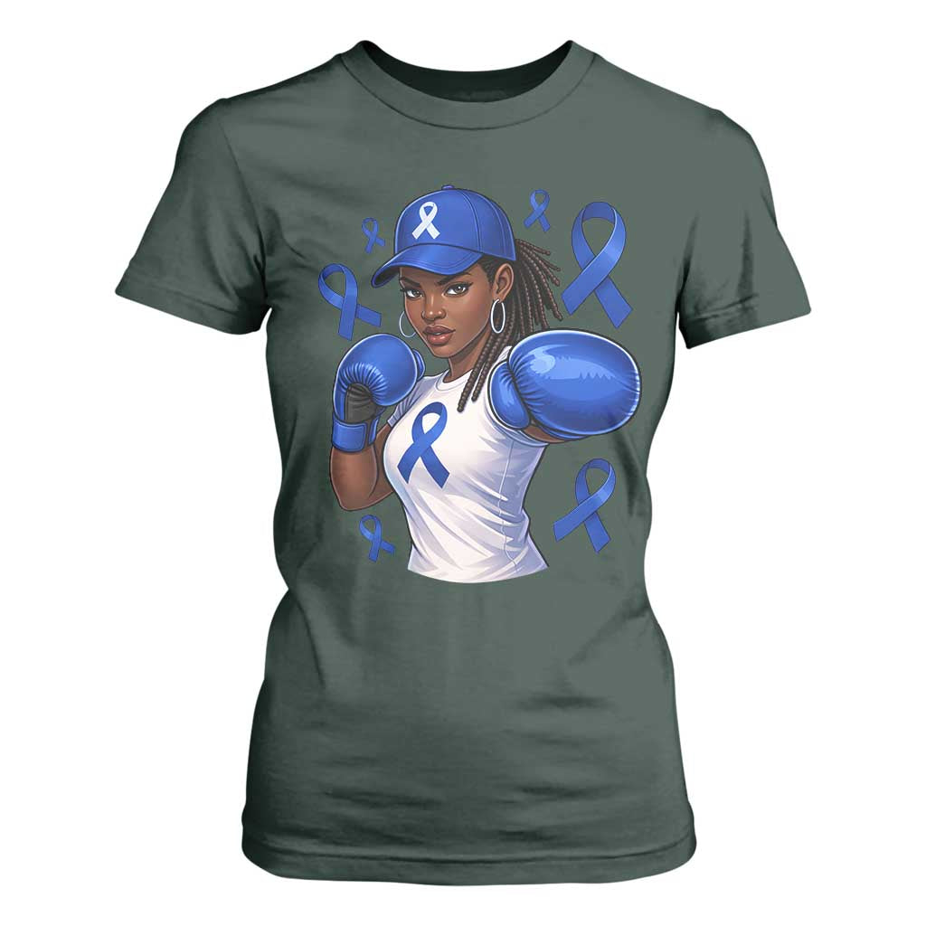 Black Women Fight Colon Cancer Blue Ribbon T Shirt For Women African American Girls