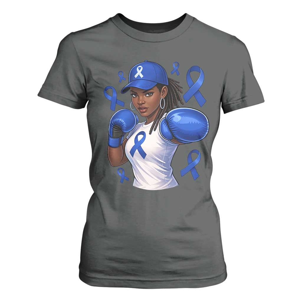 Black Women Fight Colon Cancer Blue Ribbon T Shirt For Women African American Girls