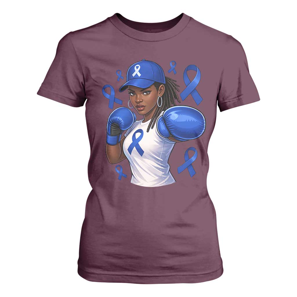 Black Women Fight Colon Cancer Blue Ribbon T Shirt For Women African American Girls