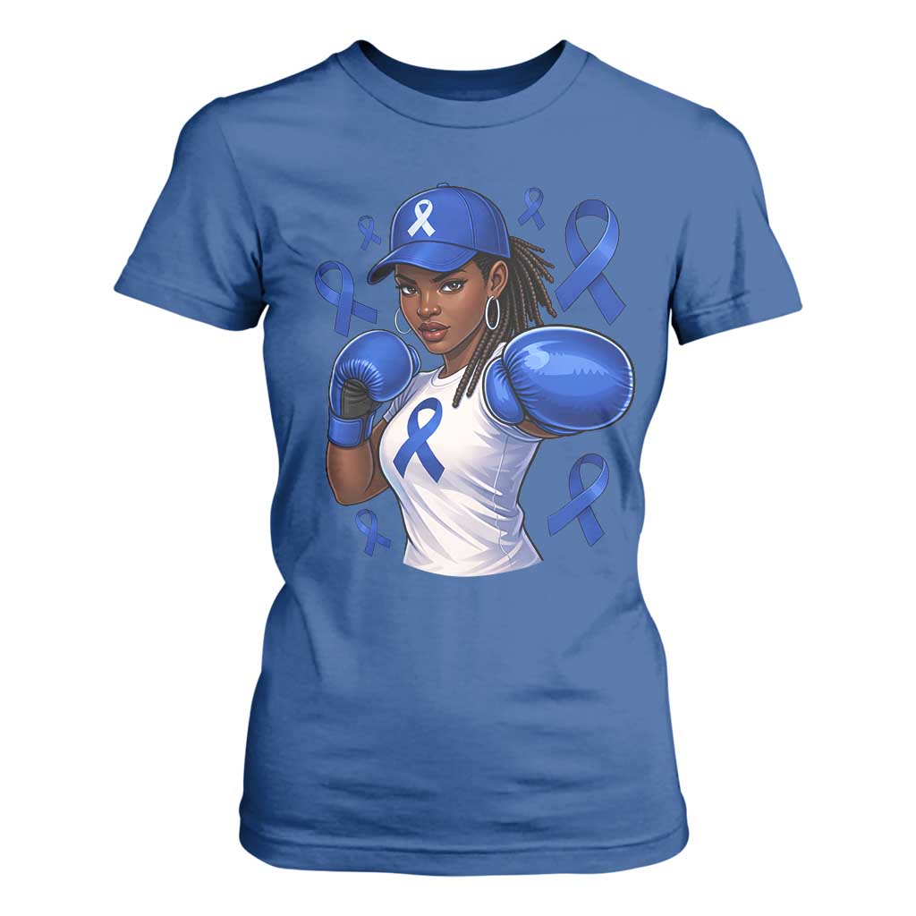 Black Women Fight Colon Cancer Blue Ribbon T Shirt For Women African American Girls