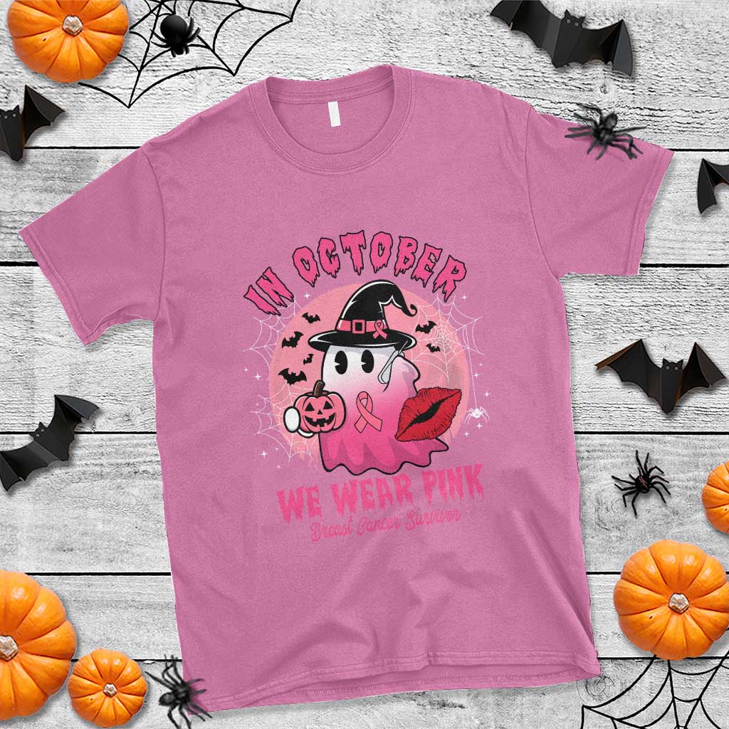 Pink Ribbon Halloween Breast Cancer Support T Shirt Survivor Ghost Pumpkin October