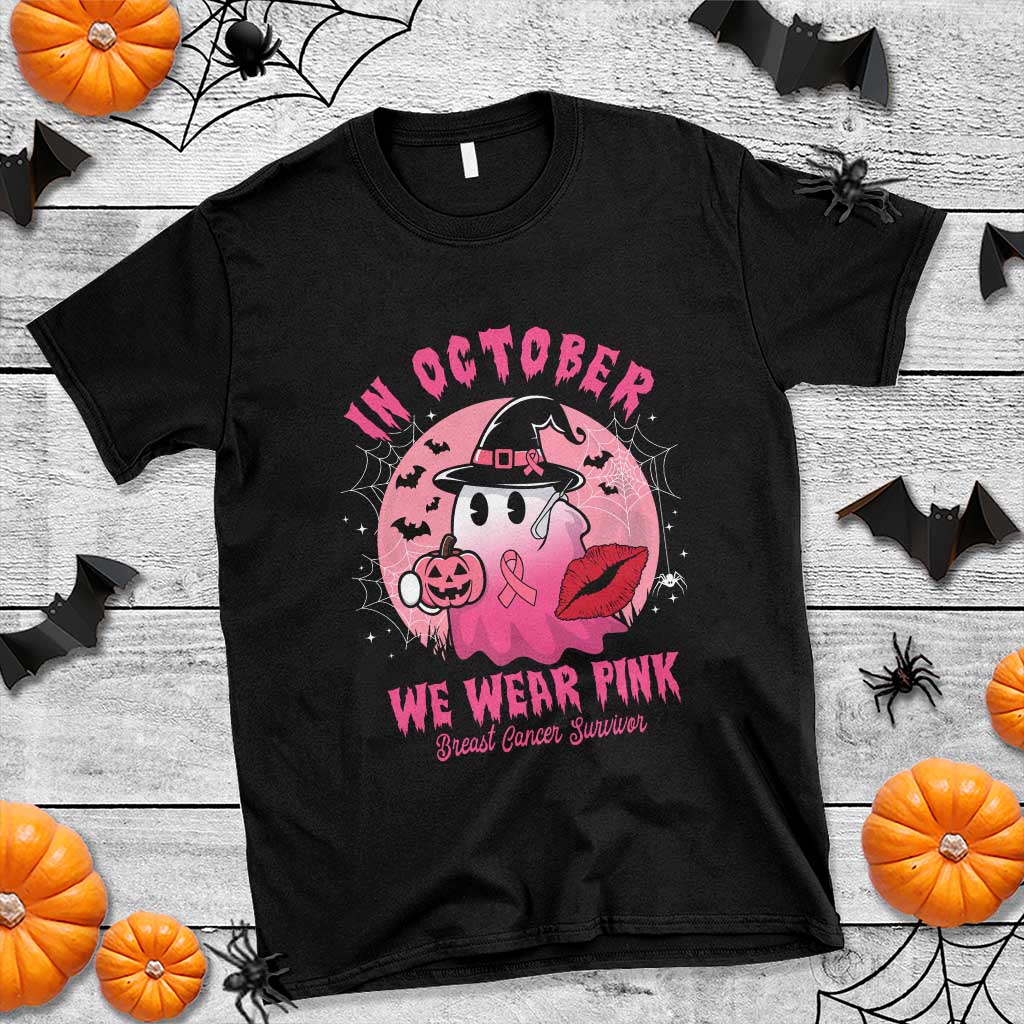 Pink Ribbon Halloween Breast Cancer Support T Shirt Survivor Ghost Pumpkin October