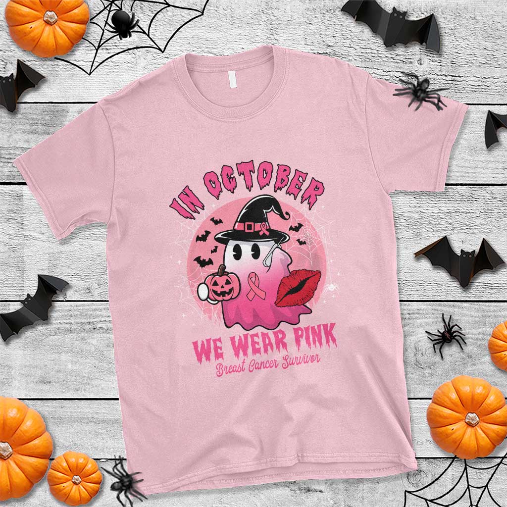 Pink Ribbon Halloween Breast Cancer Support T Shirt Survivor Ghost Pumpkin October