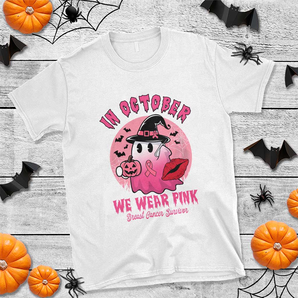 Pink Ribbon Halloween Breast Cancer Support T Shirt Survivor Ghost Pumpkin October