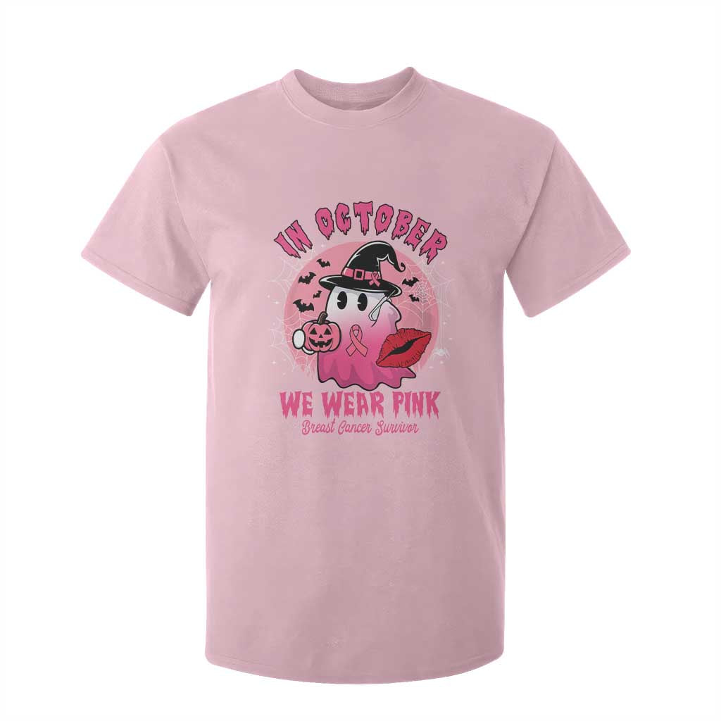 Pink Ribbon Halloween Breast Cancer Support T Shirt For Kid Survivor Ghost Pumpkin October