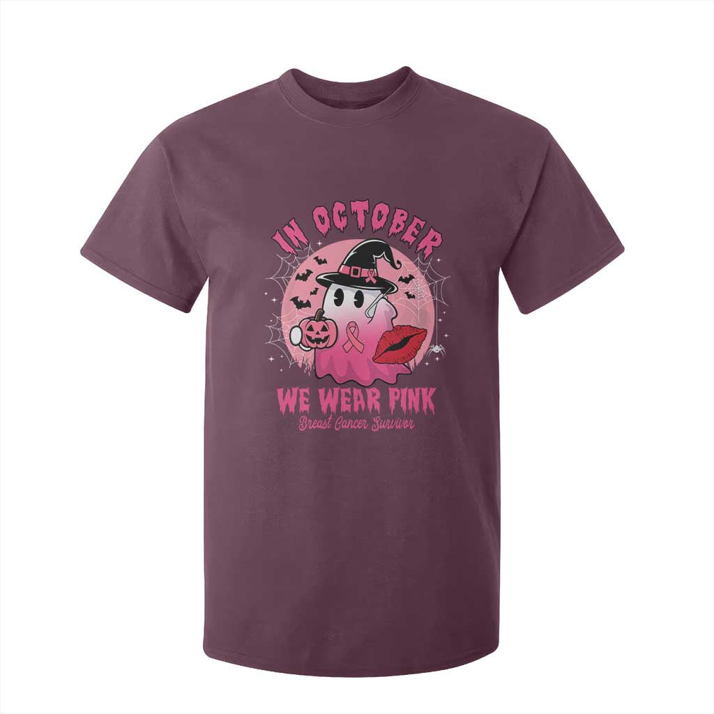 Pink Ribbon Halloween Breast Cancer Support T Shirt For Kid Survivor Ghost Pumpkin October