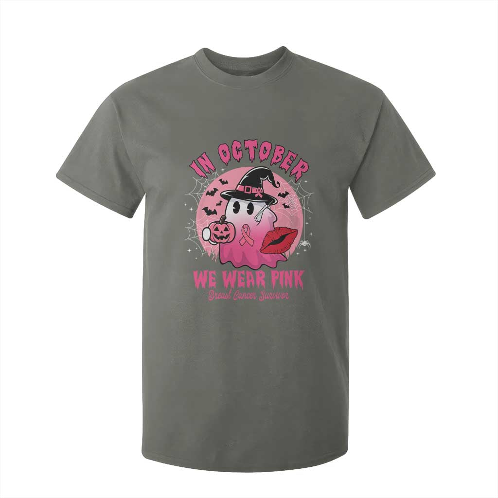 Pink Ribbon Halloween Breast Cancer Support T Shirt For Kid Survivor Ghost Pumpkin October