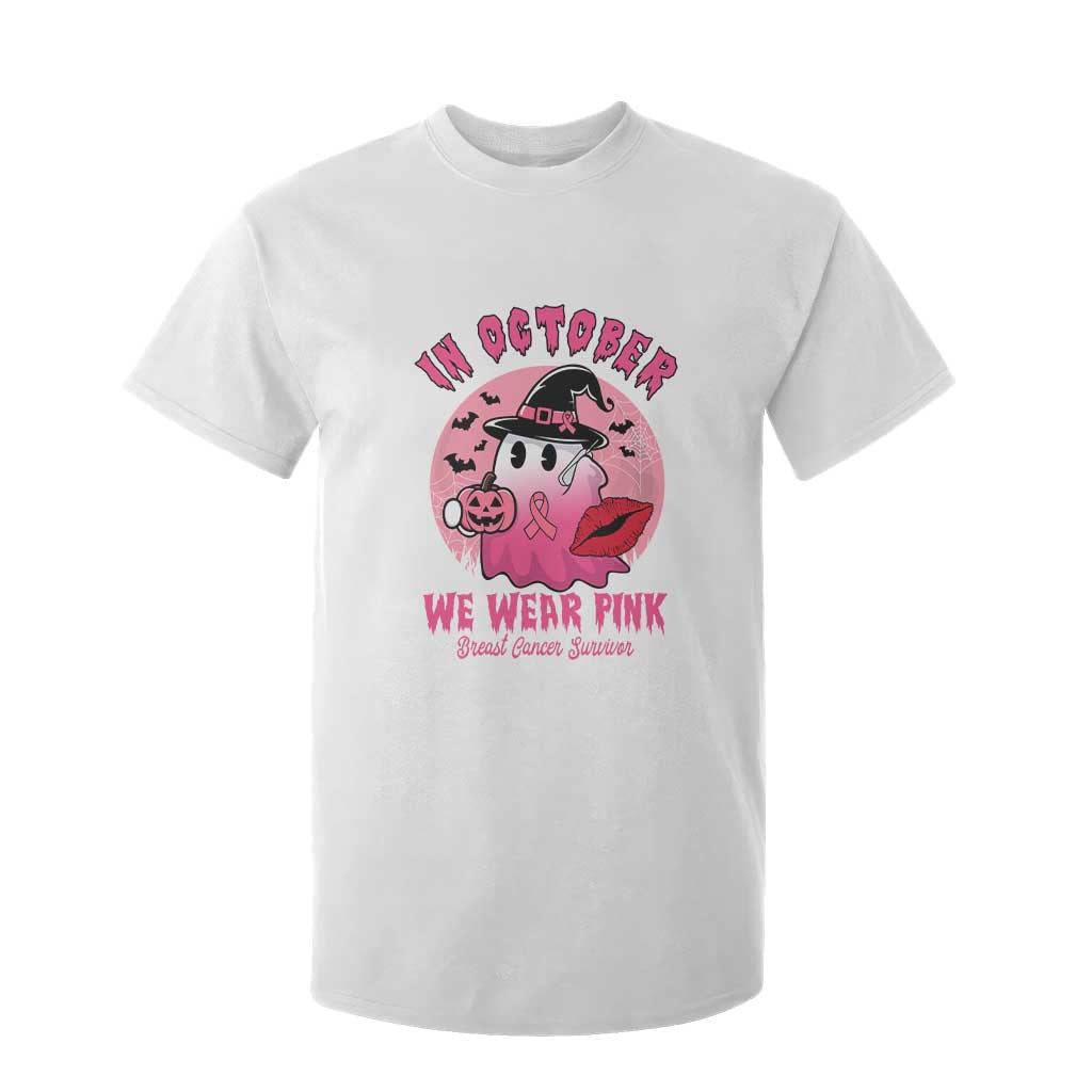 Pink Ribbon Halloween Breast Cancer Support T Shirt For Kid Survivor Ghost Pumpkin October