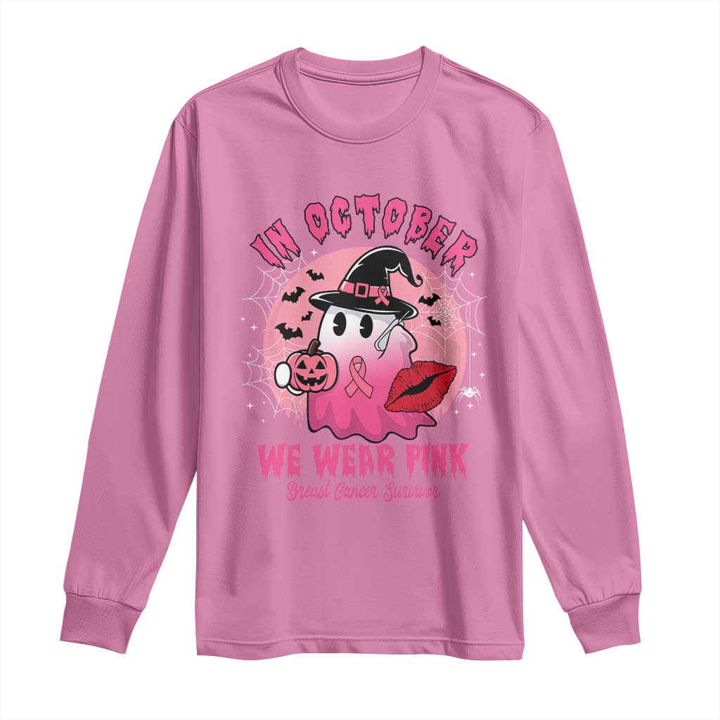 Pink Ribbon Halloween Breast Cancer Support Long Sleeve Shirt Survivor Ghost Pumpkin October