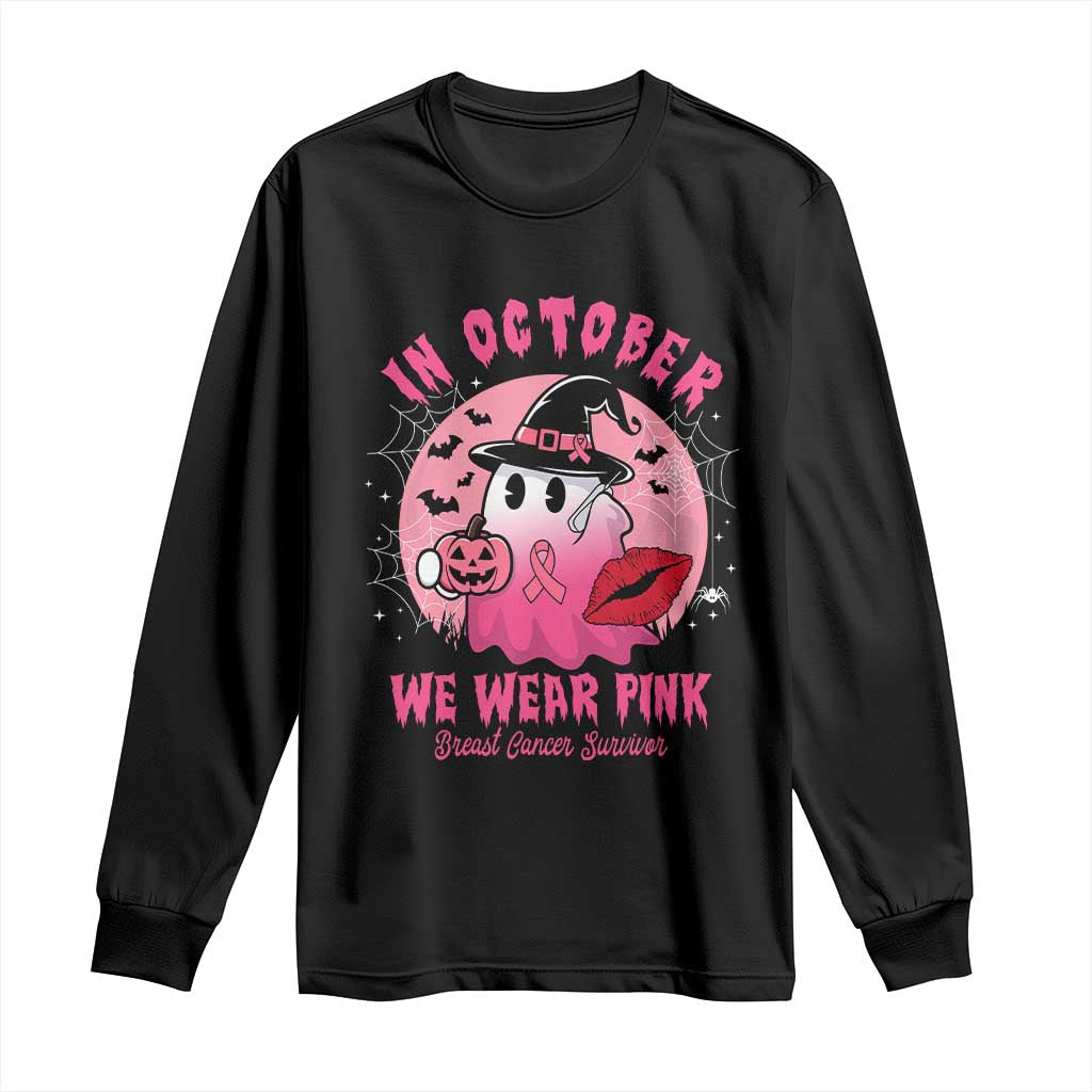 Pink Ribbon Halloween Breast Cancer Support Long Sleeve Shirt Survivor Ghost Pumpkin October