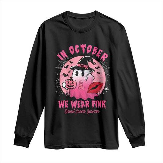 Pink Ribbon Halloween Breast Cancer Support Long Sleeve Shirt Survivor Ghost Pumpkin October