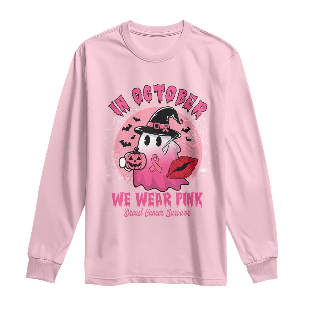 Pink Ribbon Halloween Breast Cancer Support Long Sleeve Shirt Survivor Ghost Pumpkin October