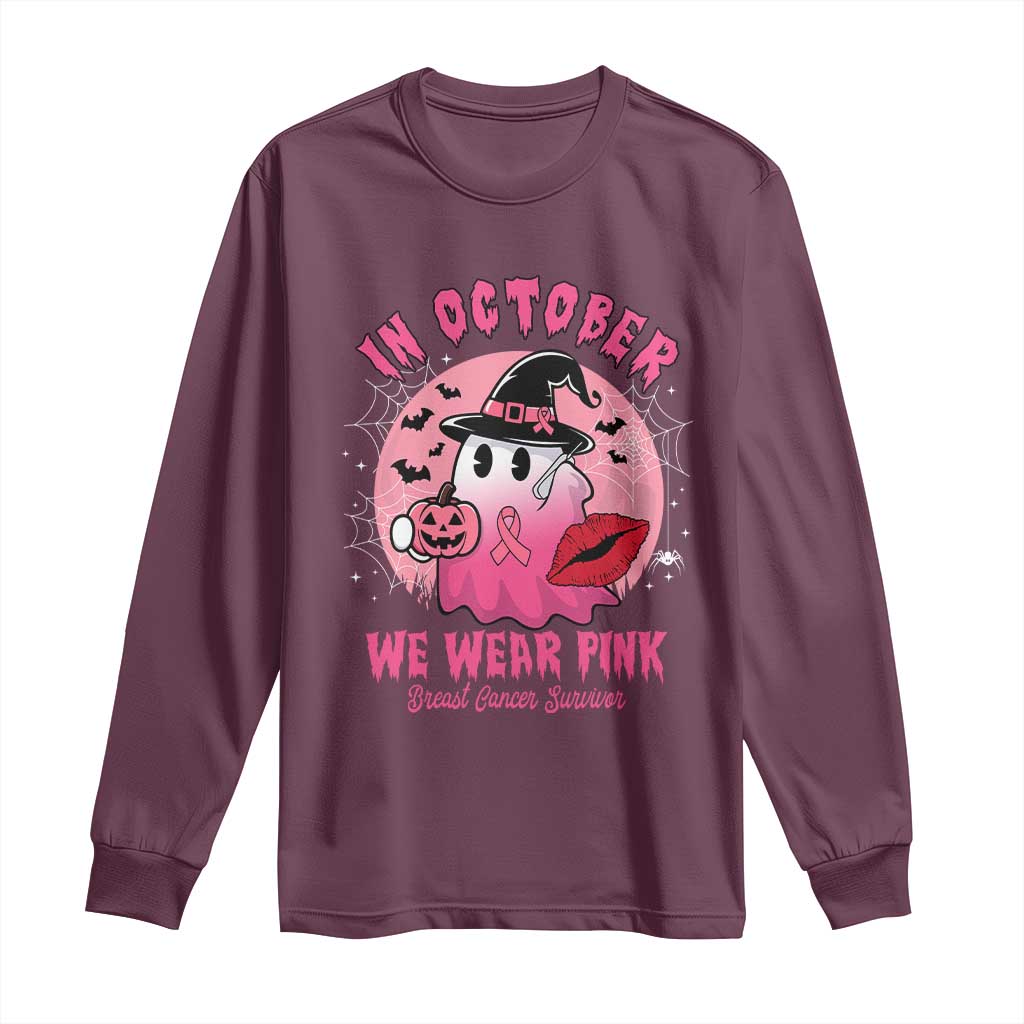Pink Ribbon Halloween Breast Cancer Support Long Sleeve Shirt Survivor Ghost Pumpkin October