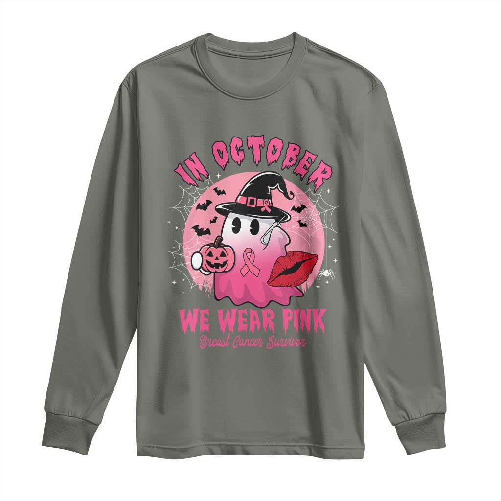 Pink Ribbon Halloween Breast Cancer Support Long Sleeve Shirt Survivor Ghost Pumpkin October