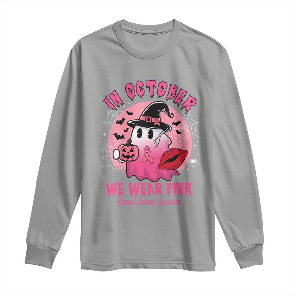 Pink Ribbon Halloween Breast Cancer Support Long Sleeve Shirt Survivor Ghost Pumpkin October
