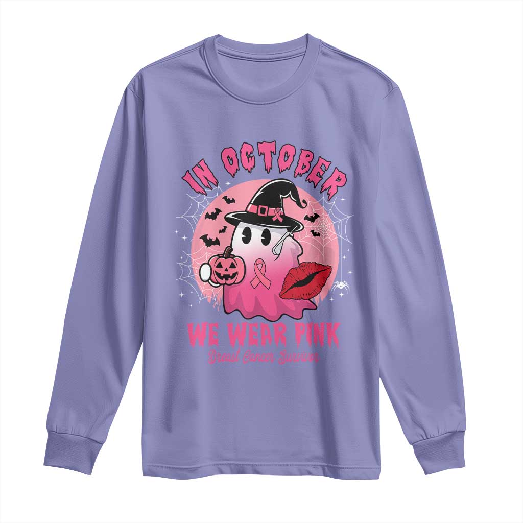 Pink Ribbon Halloween Breast Cancer Support Long Sleeve Shirt Survivor Ghost Pumpkin October