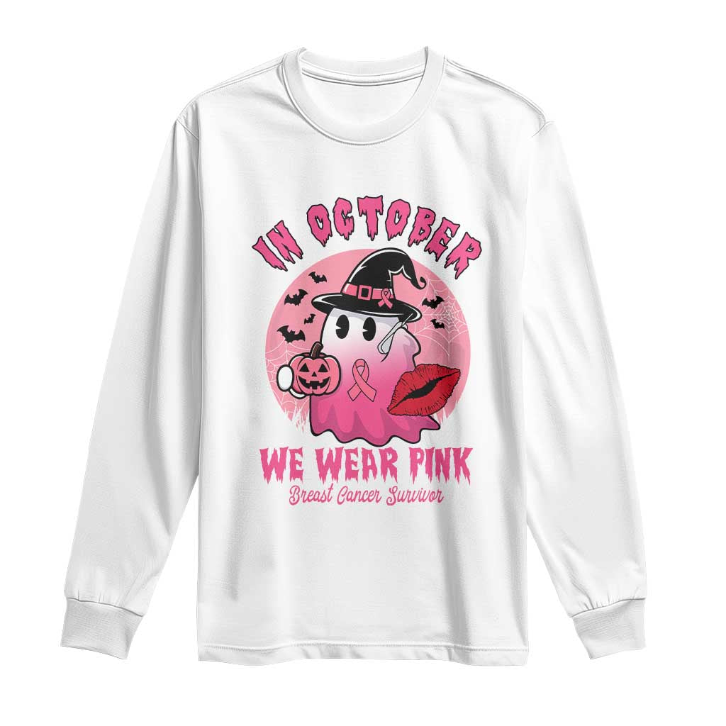 Pink Ribbon Halloween Breast Cancer Support Long Sleeve Shirt Survivor Ghost Pumpkin October