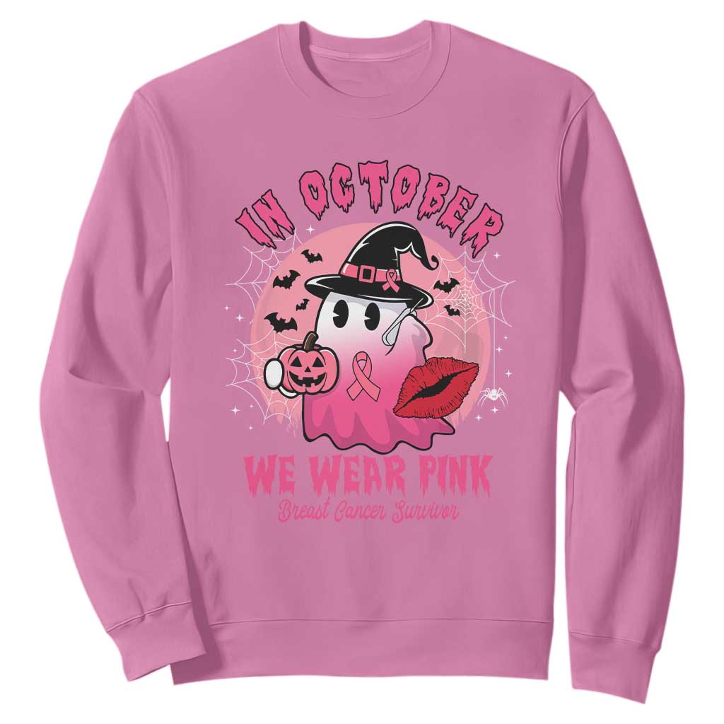 Pink Ribbon Halloween Breast Cancer Support Sweatshirt Survivor Ghost Pumpkin October