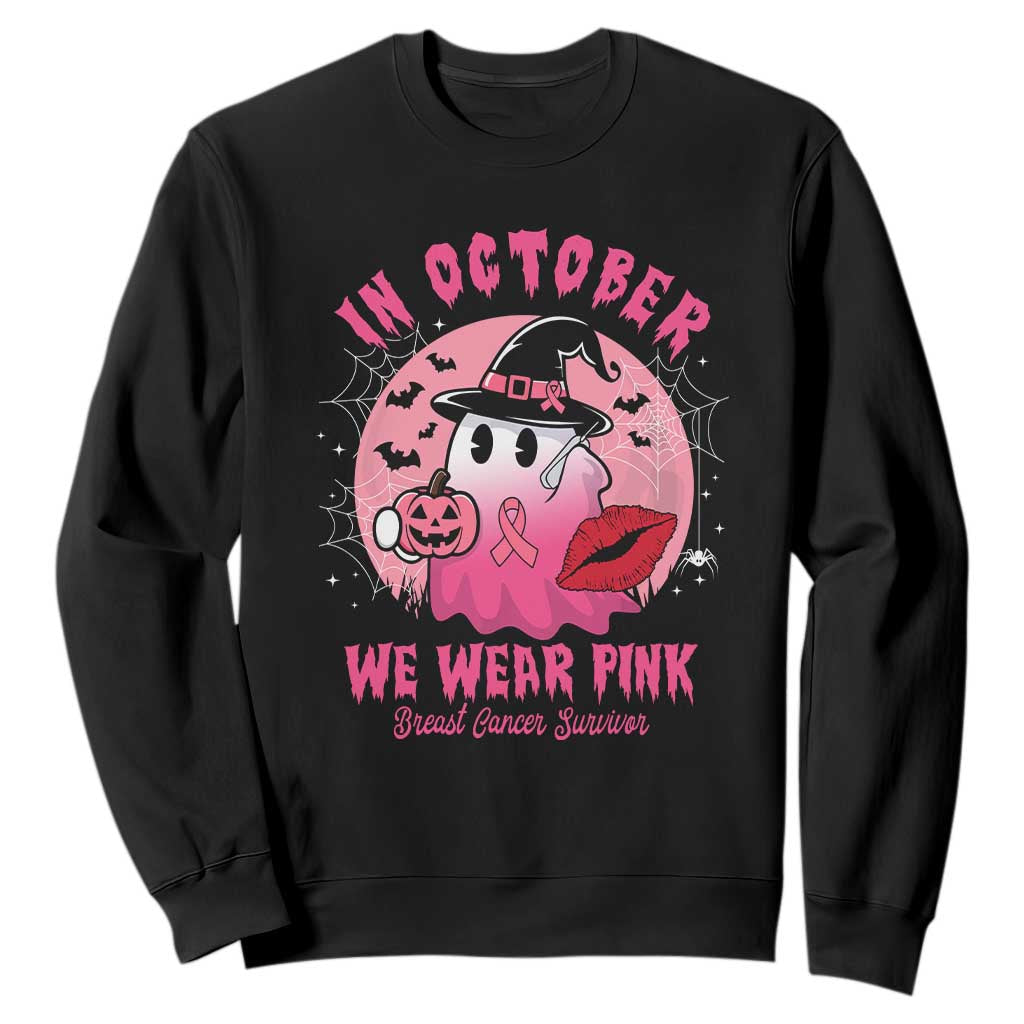 Pink Ribbon Halloween Breast Cancer Support Sweatshirt Survivor Ghost Pumpkin October
