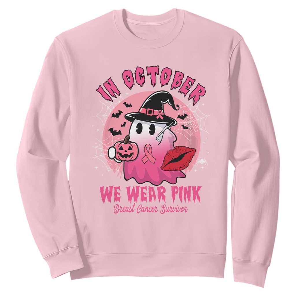 Pink Ribbon Halloween Breast Cancer Support Sweatshirt Survivor Ghost Pumpkin October