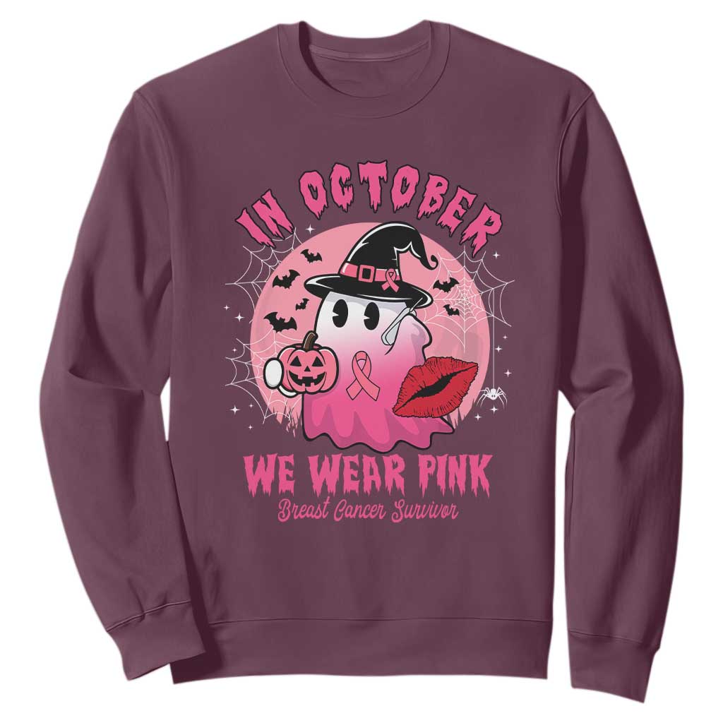 Pink Ribbon Halloween Breast Cancer Support Sweatshirt Survivor Ghost Pumpkin October