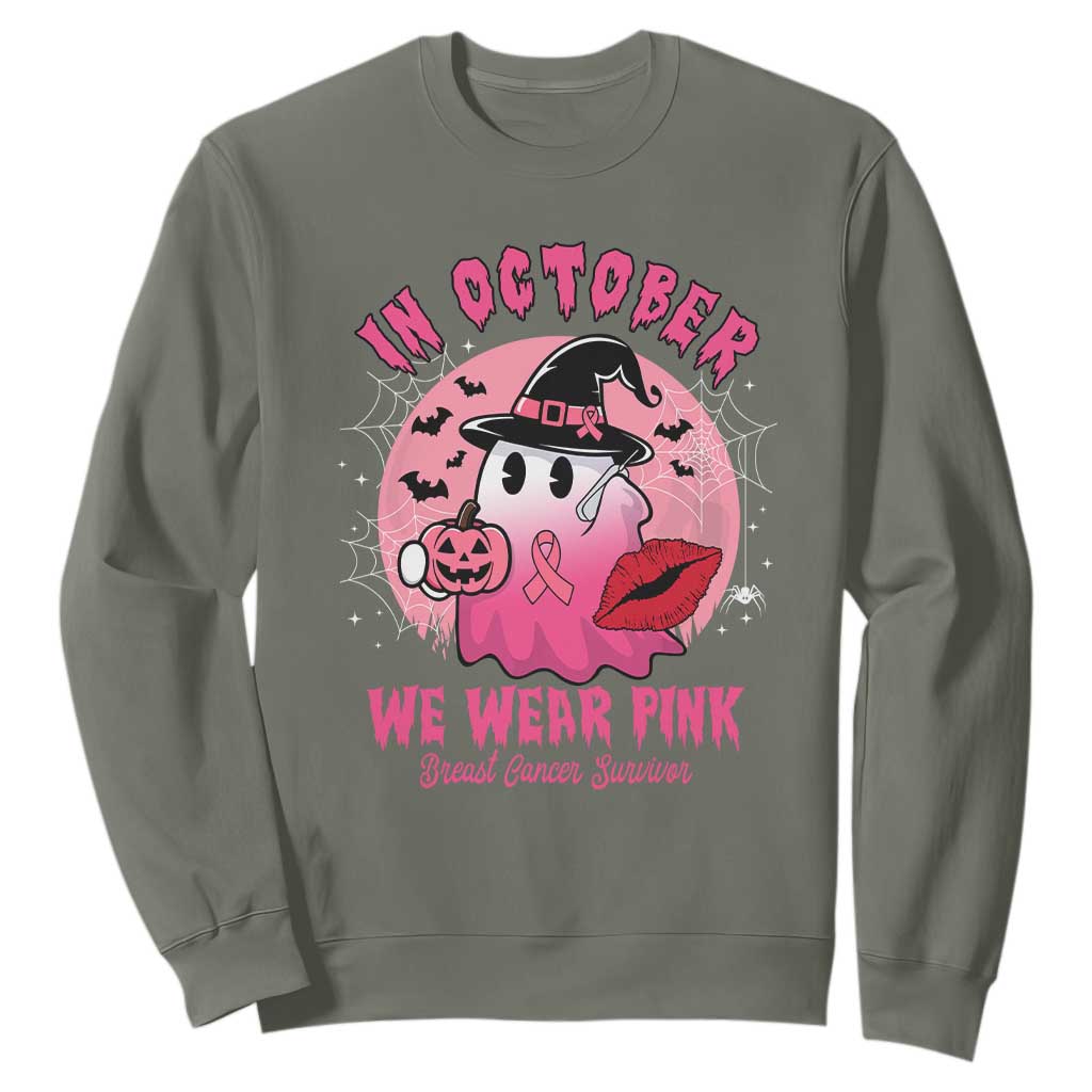 Pink Ribbon Halloween Breast Cancer Support Sweatshirt Survivor Ghost Pumpkin October