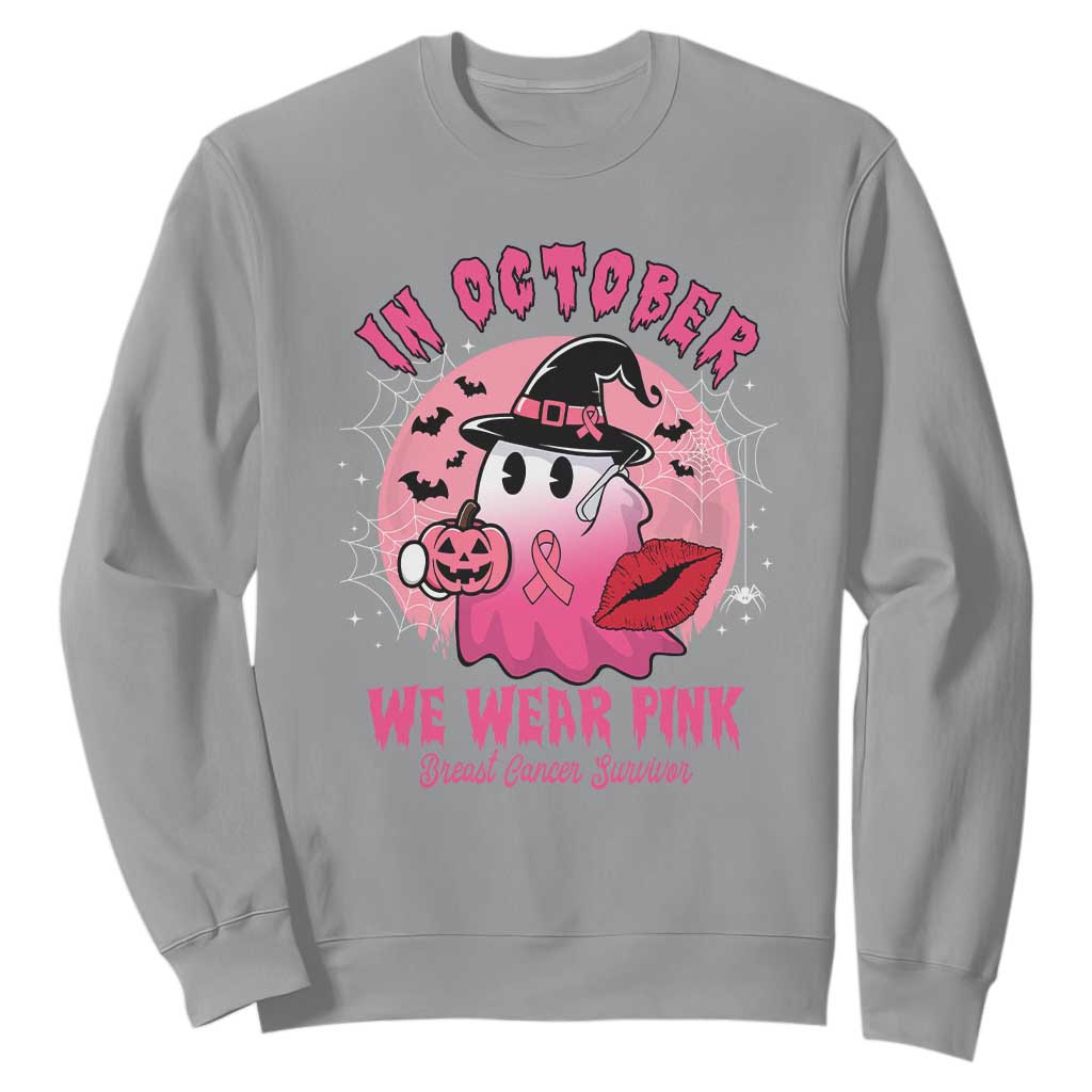 Pink Ribbon Halloween Breast Cancer Support Sweatshirt Survivor Ghost Pumpkin October