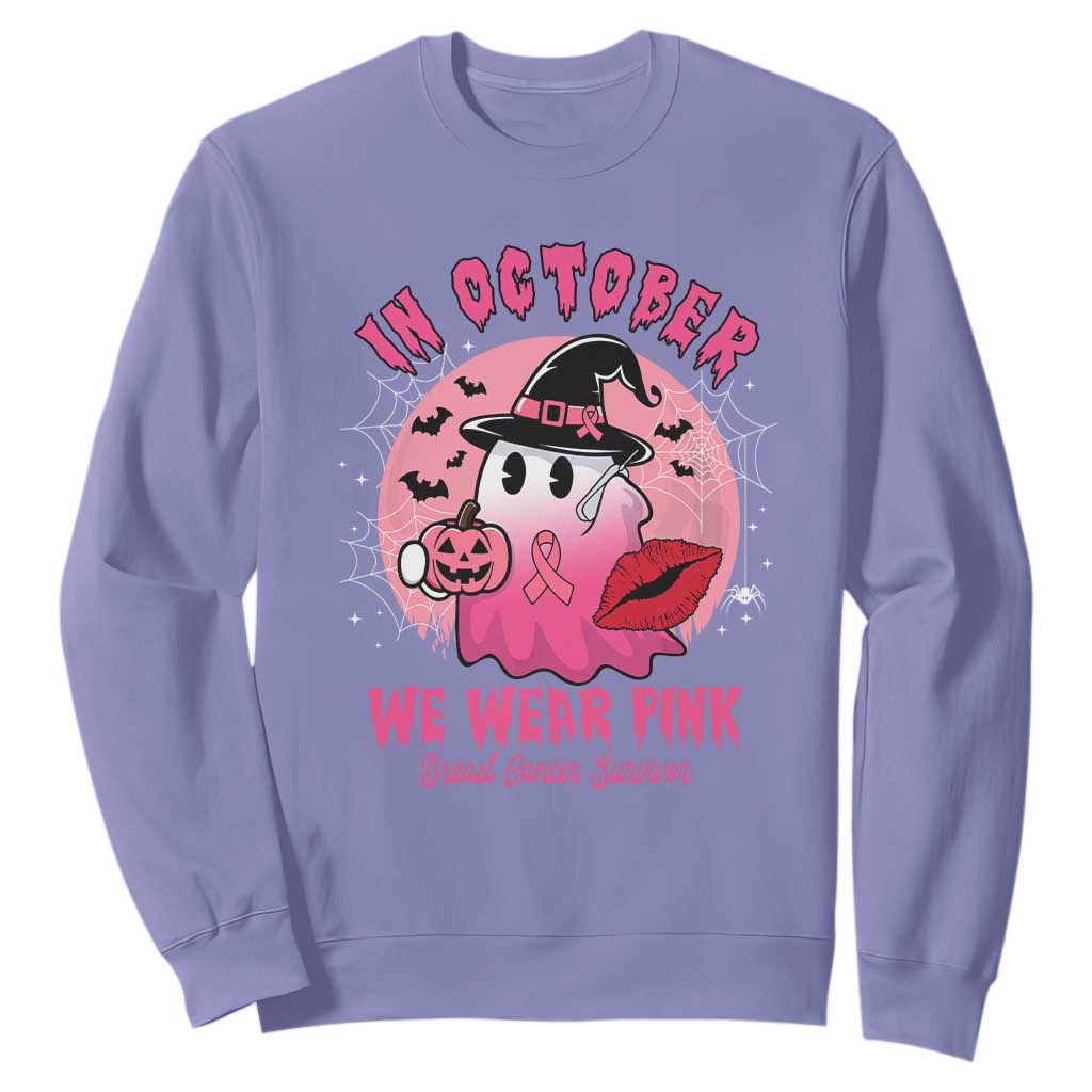 Pink Ribbon Halloween Breast Cancer Support Sweatshirt Survivor Ghost Pumpkin October