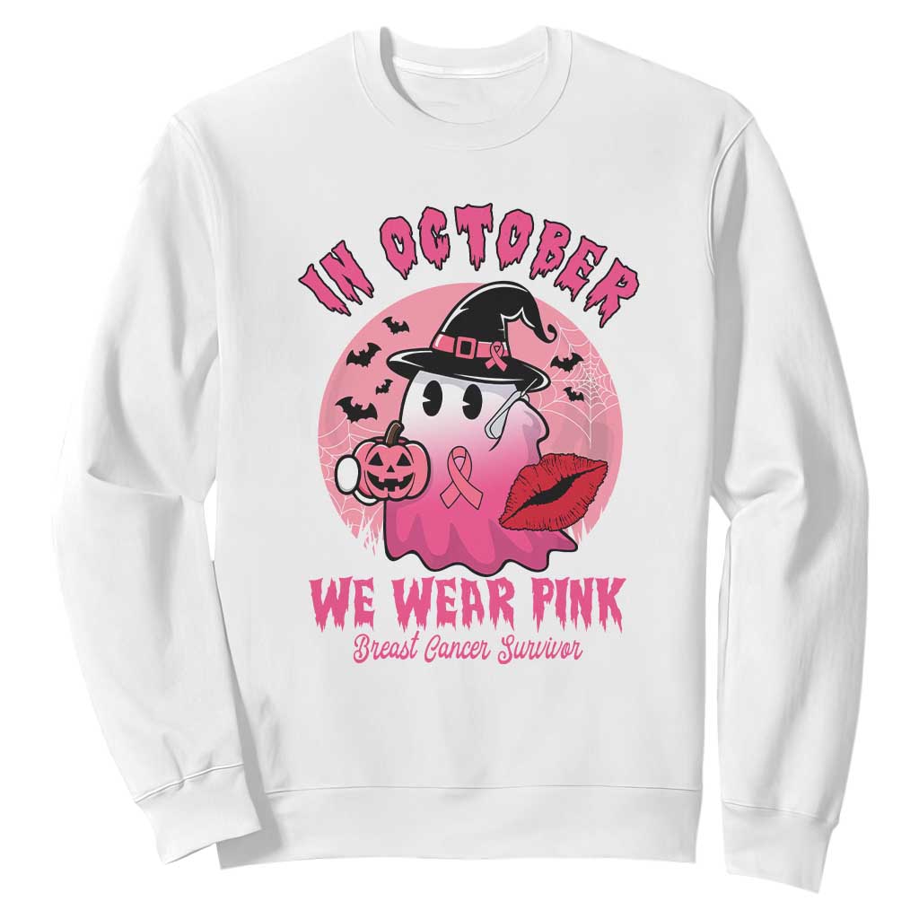 Pink Ribbon Halloween Breast Cancer Support Sweatshirt Survivor Ghost Pumpkin October